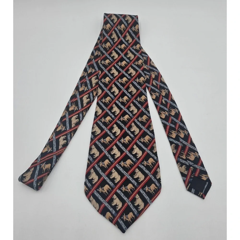 Nicole Miller 1993 Vintage Silk Tie Stock Market Bulls Bears Ticker Tape Black